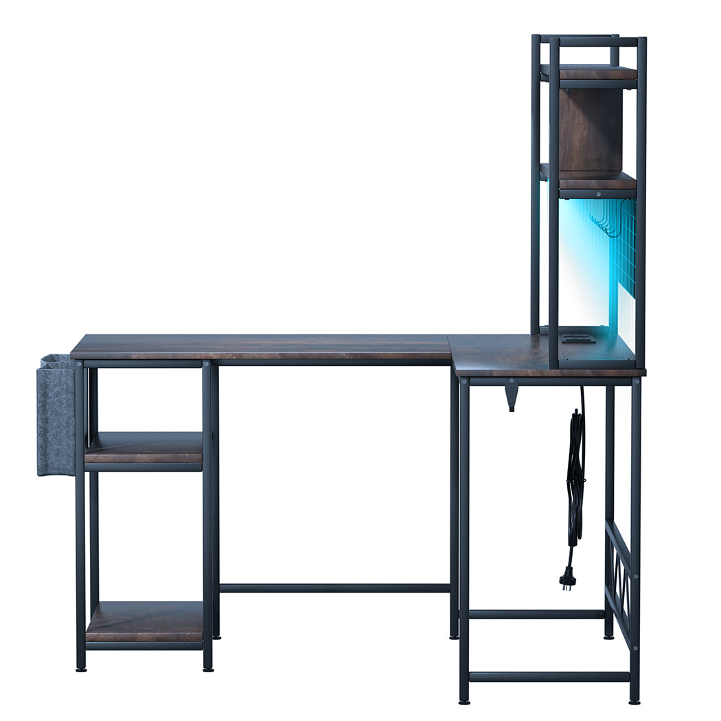 Levede L Shaped Gaming Desk with LED Lights Brown-1894516732870135809