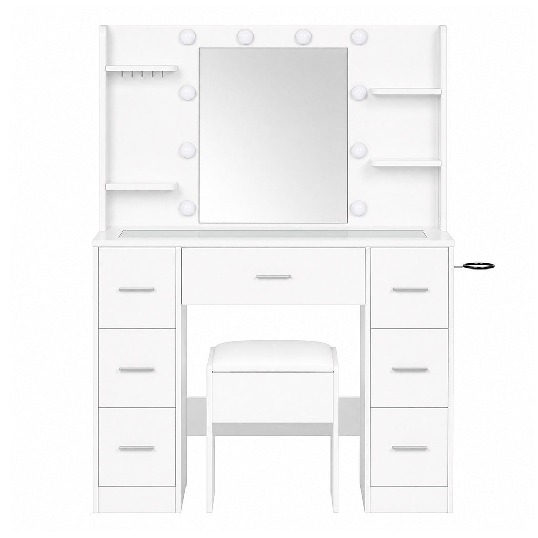 Levede Dressing Table Makeup Vanity with Lights Glass Desktop 7 Drawers White-2109799601329082370