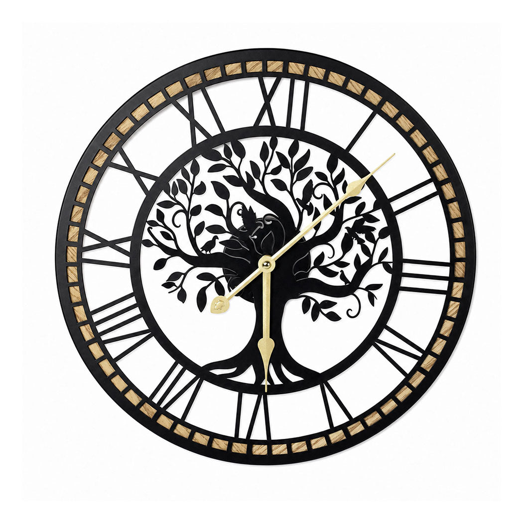 Yezi Wall Clock 40cm Vintage Tree Design Silent Quartz Iron Wood Black-2100034941327904769