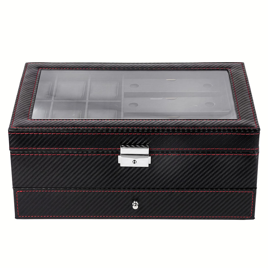 Watch Box 6 Slot Watch Case Jewellry Box PU Leather with Drawer Black-2100034976140627969
