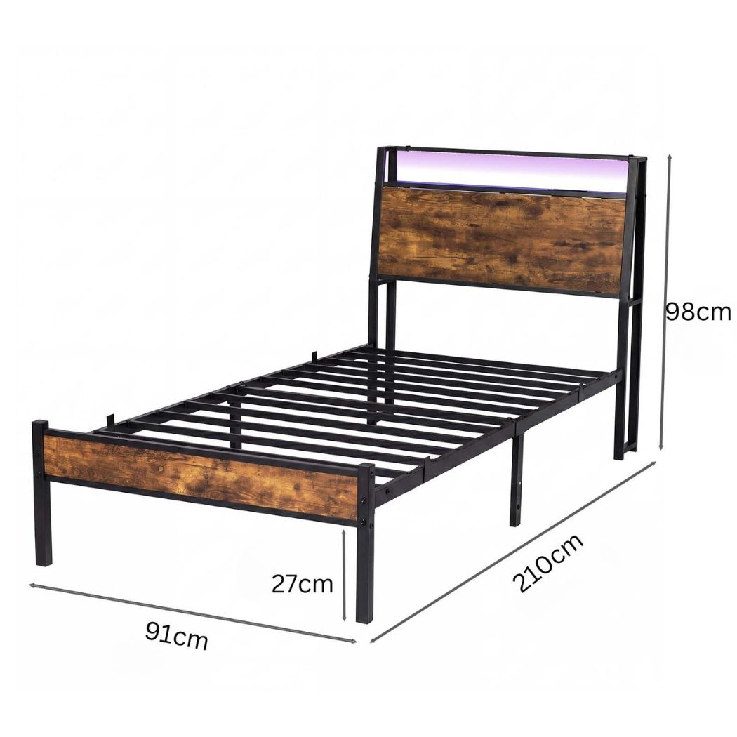 Levede Single Bed Frame LED Lights USB Charging Storage Headboard Metal Platform-2072893552618246146