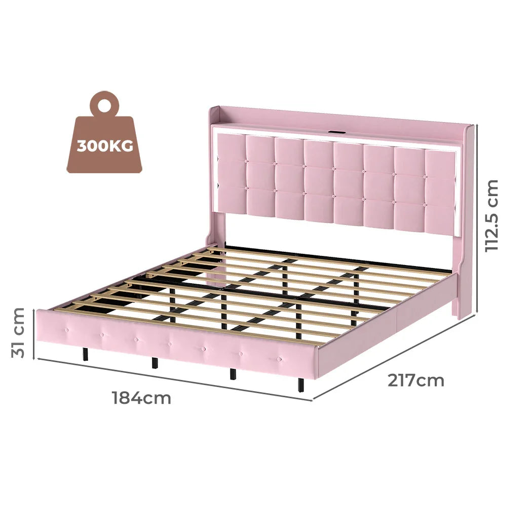 Levede King Floating Bed Frame LED Headboard USB Pink-2050056739193229314