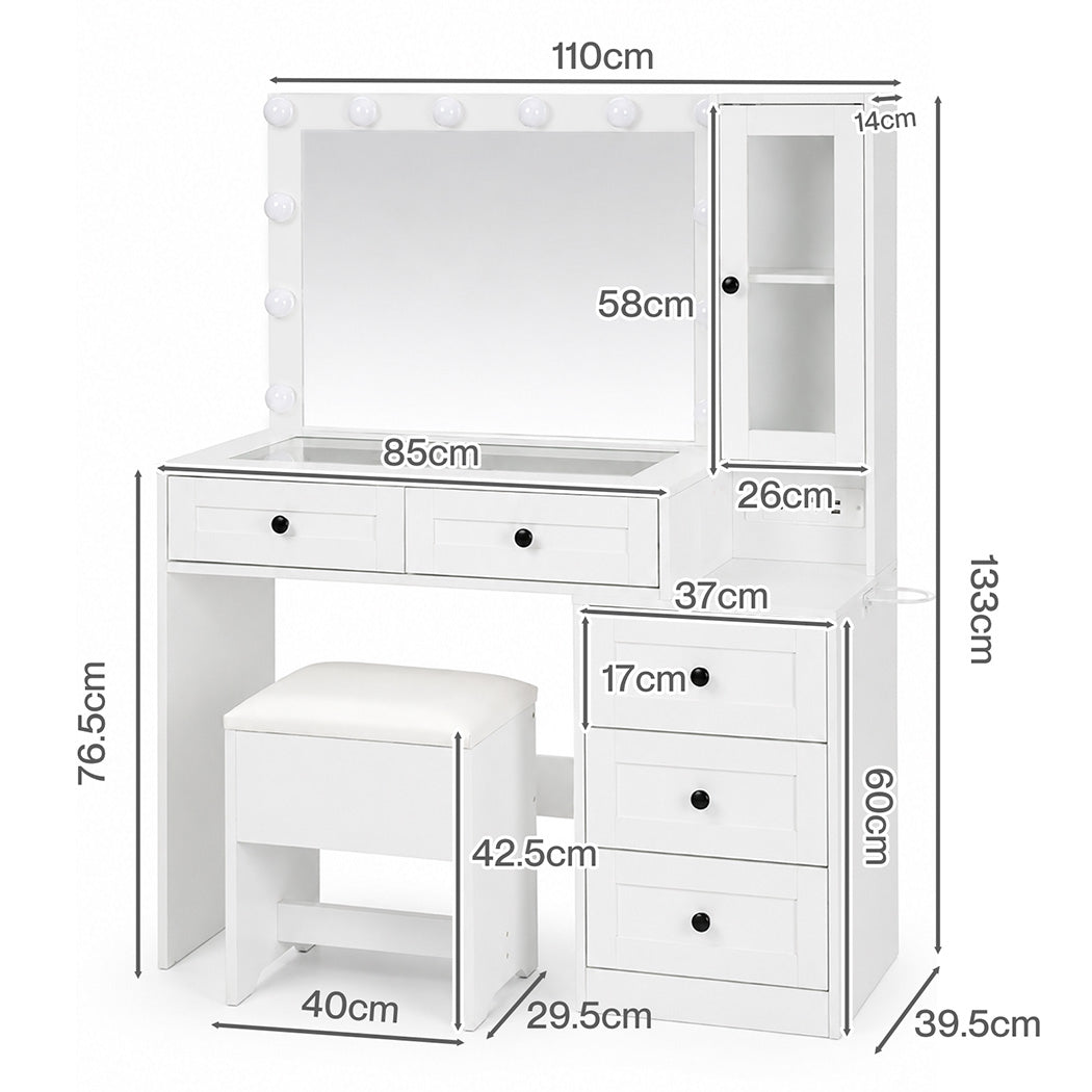 Levede Dressing Table Vanity Desk with LED Mirror 5 Drawers Charging White-2100035036114980866
