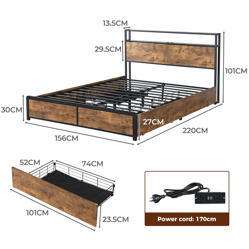 Levede Queen Bed Frame RGB LED 4 Drawers USB-2029387280589918210