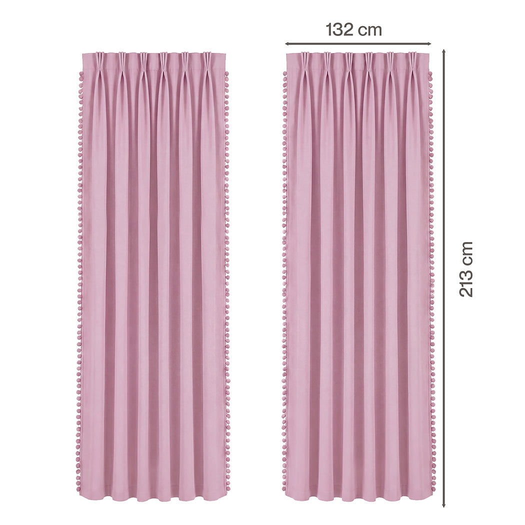 Marlow Blackout Curtains Pink 2 Panels Thermal Insulated Pom Pom 132cm x 213cm-2072893564165165058