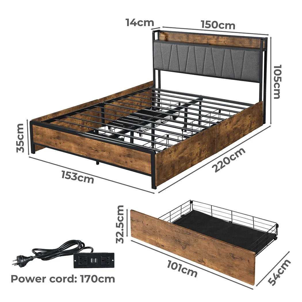 Levede Queen Bed Frame Soft Storage Drawers Headboard USB Charge-2029387280409563138