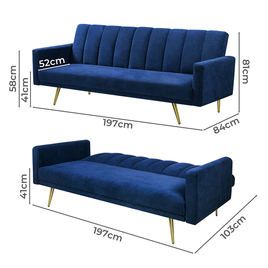 Levede Sofa Bed Convertible Velvet Lounge Recliner Couch Sleeper 3 Seater Blue-2006732804825681922
