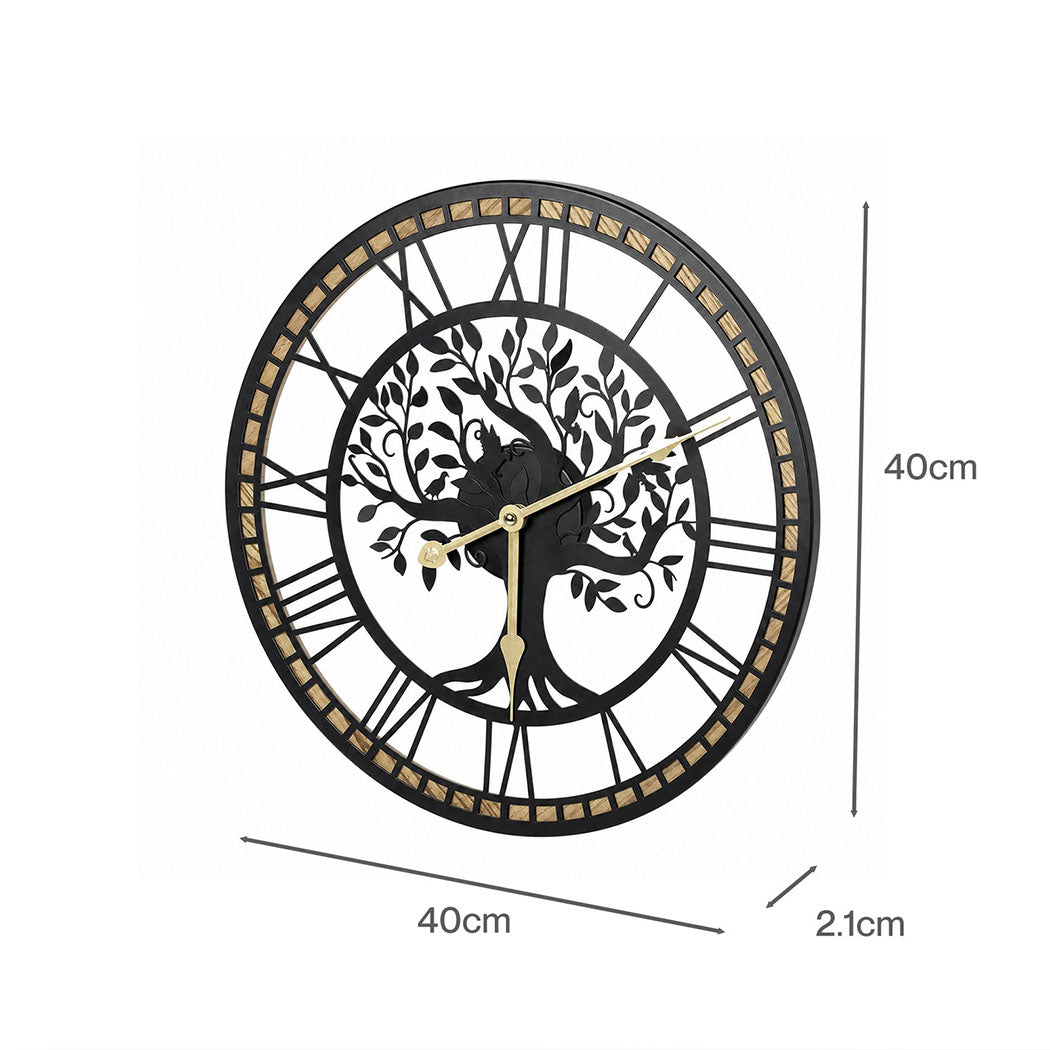 Yezi Wall Clock 40cm Vintage Tree Design Silent Quartz Iron Wood Black-2100034941327904770
