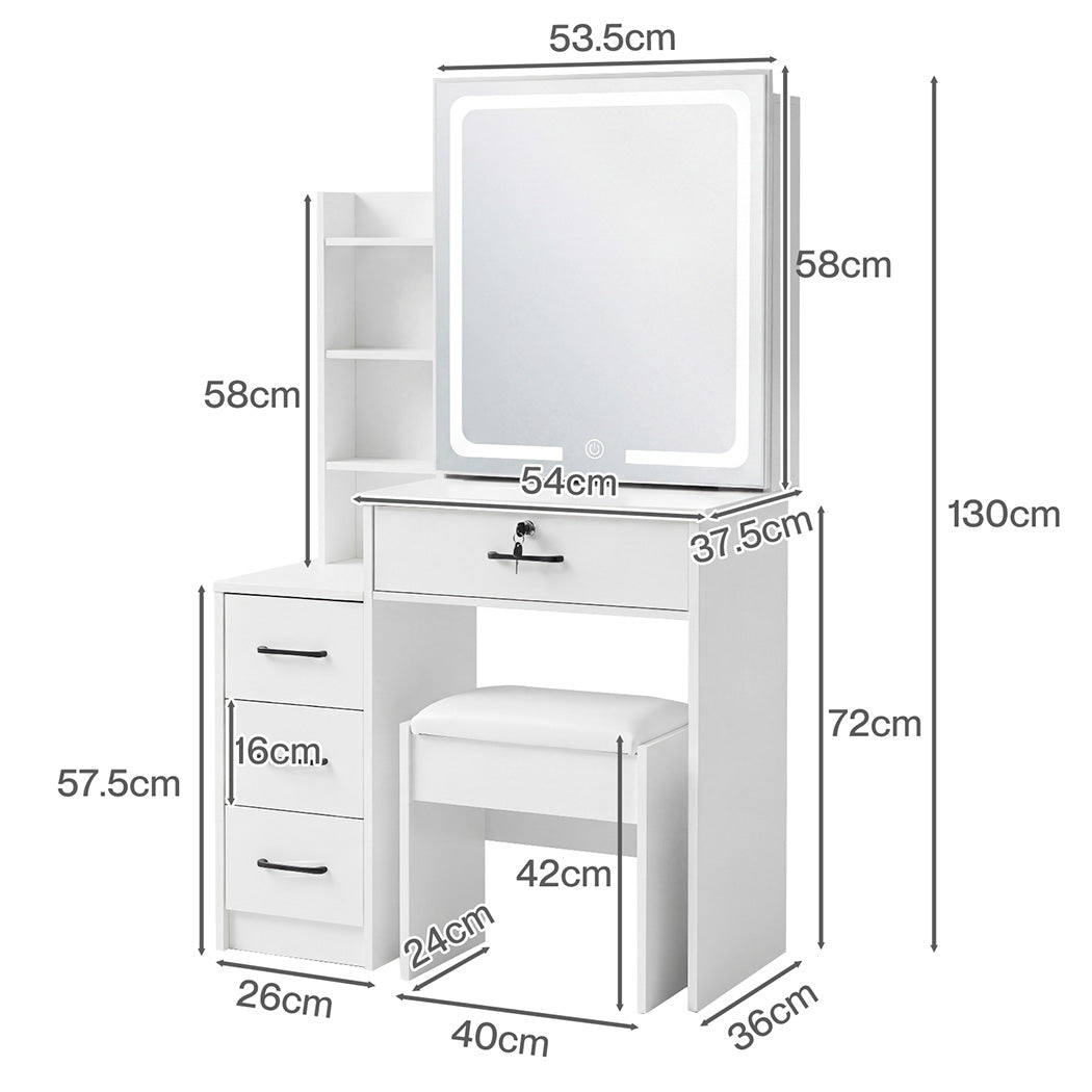 Levede Dressing Table Vanity Stool Set Sliding LED Mirror Makeup Storage Shelves White-2072893560474177538