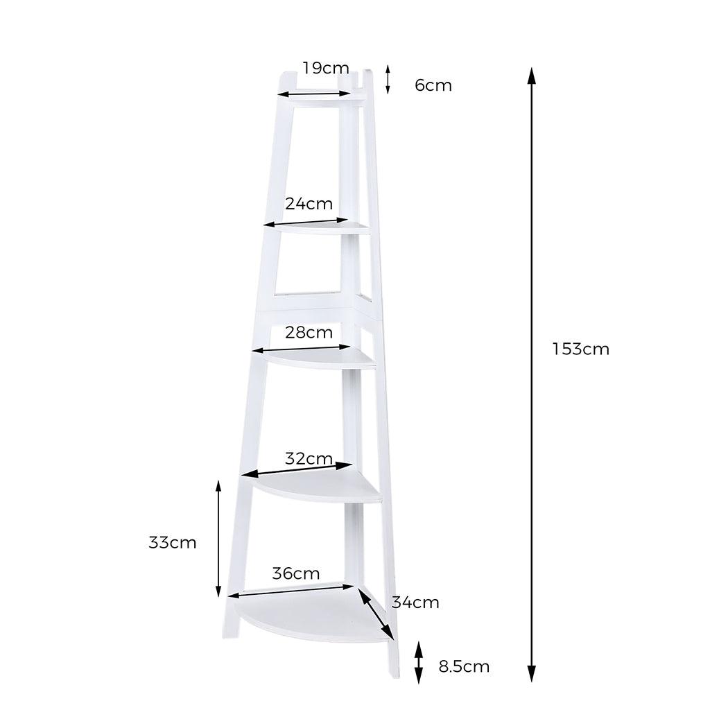 Levede 5 Tier Corner Shelf Wooden Storage White-1864183221135216642