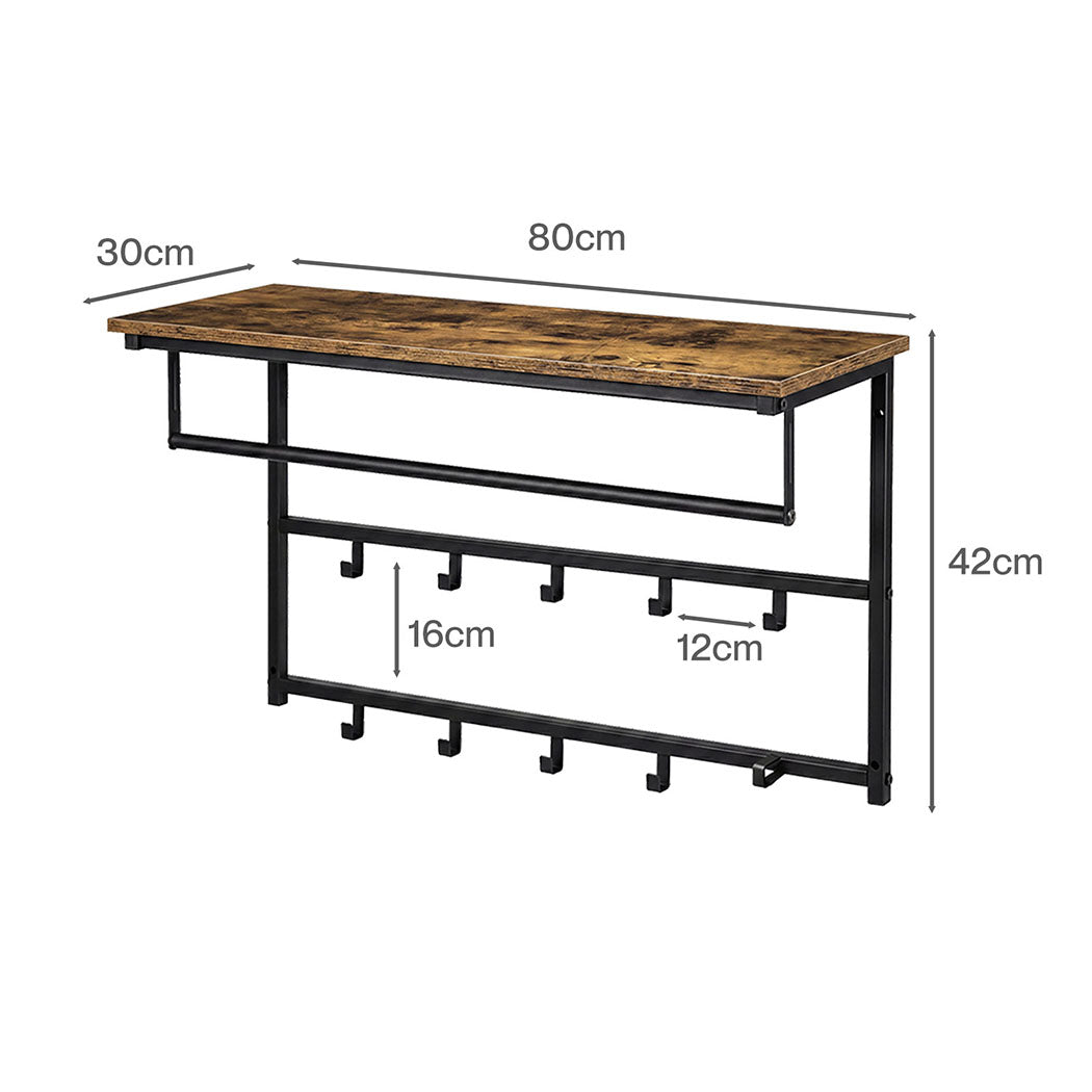 Levede Floating Shelves 10kg Wall Shelf Hooks Coat Rack Metal Wood Black-2100034943223730178