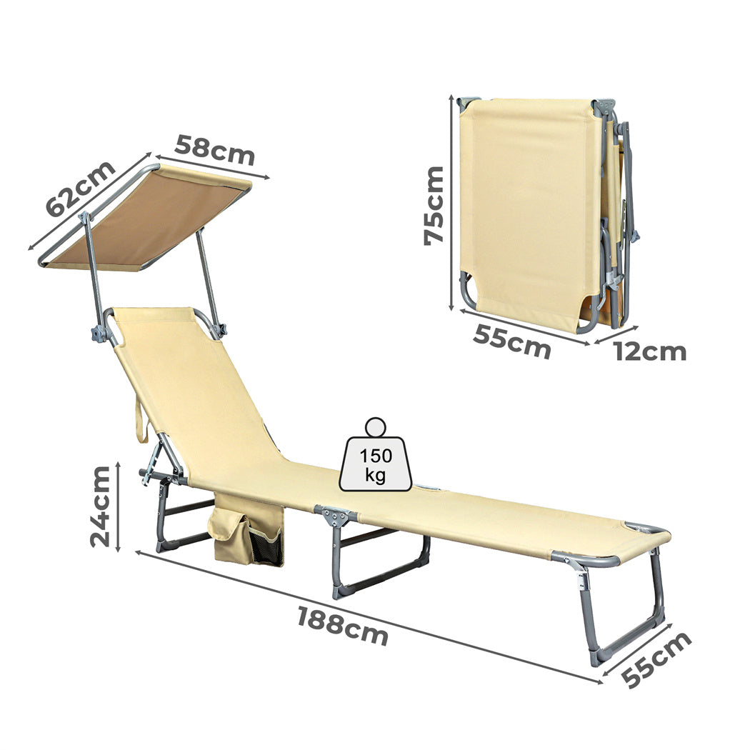 Levede Foldable Lounge Chairs with Canopy Khaki-1910112248655908866