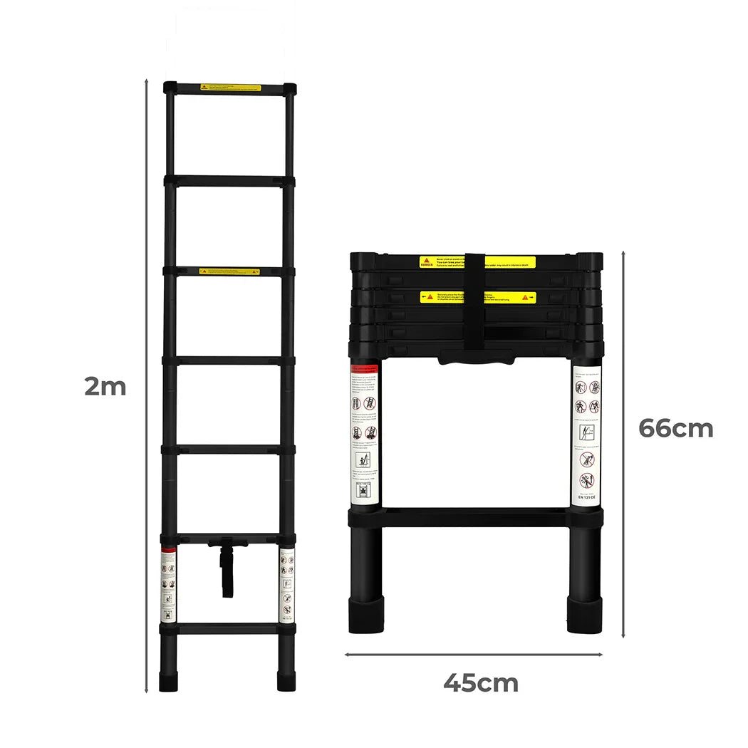 Traderight Multipurpose Aluminium Ladder Telescopic 2M Black 2 Meter-2006733179096010754