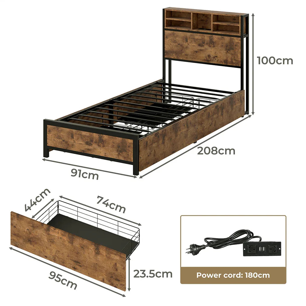 Levede Single Bed Frame Industrial Storage LED Charing-2050056748655579138