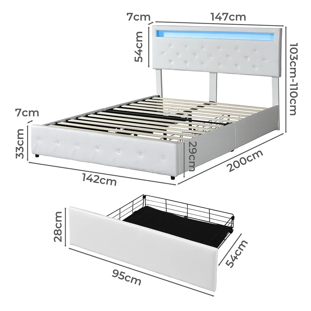 Levede Double Bed Frame RGB LED PU 4 Drawer USB-2006732834257113090