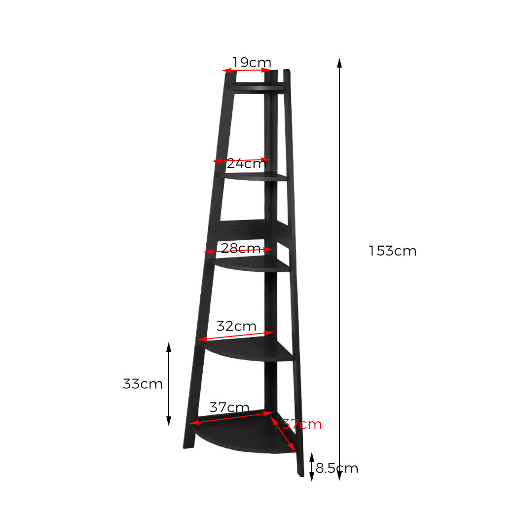 Levede 5 Tier Corner Shelf Wooden Storage Black-1864183220980027394