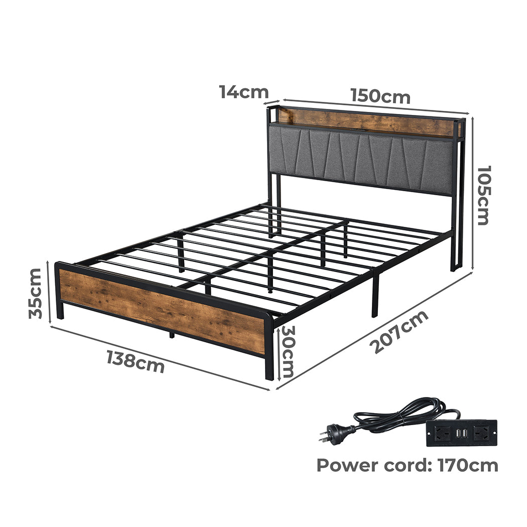 Levede Double Bed Frame Tufted Headboard USB Charge