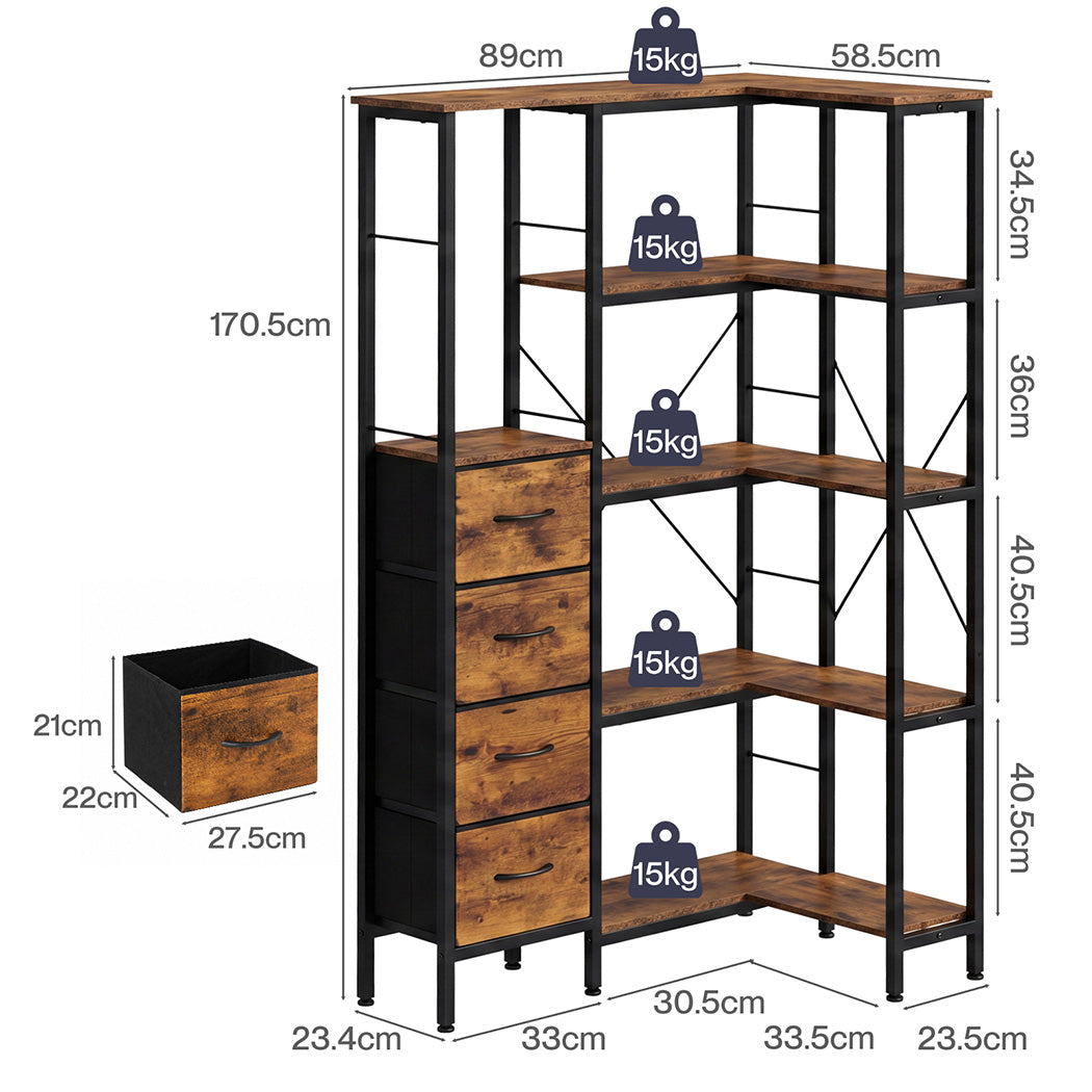 Levede Corner Bookshelf with 4 Fabric Drawers & LED Light 5 Tier Bedroom Rustic-2109799588741976067