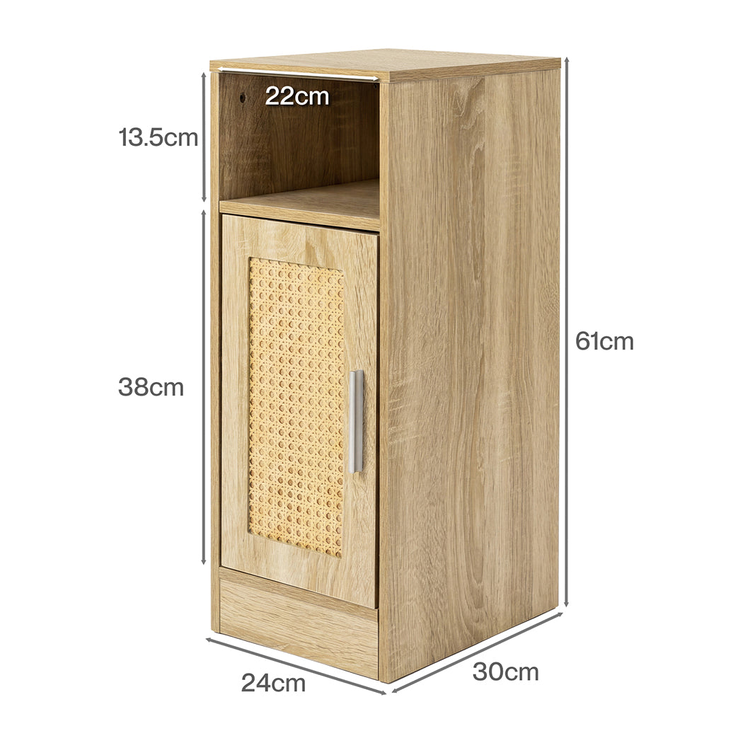 Levede Narrow Bedside Table 2 Pcs with Storage Boho Rattan Wood-2100034981215735810