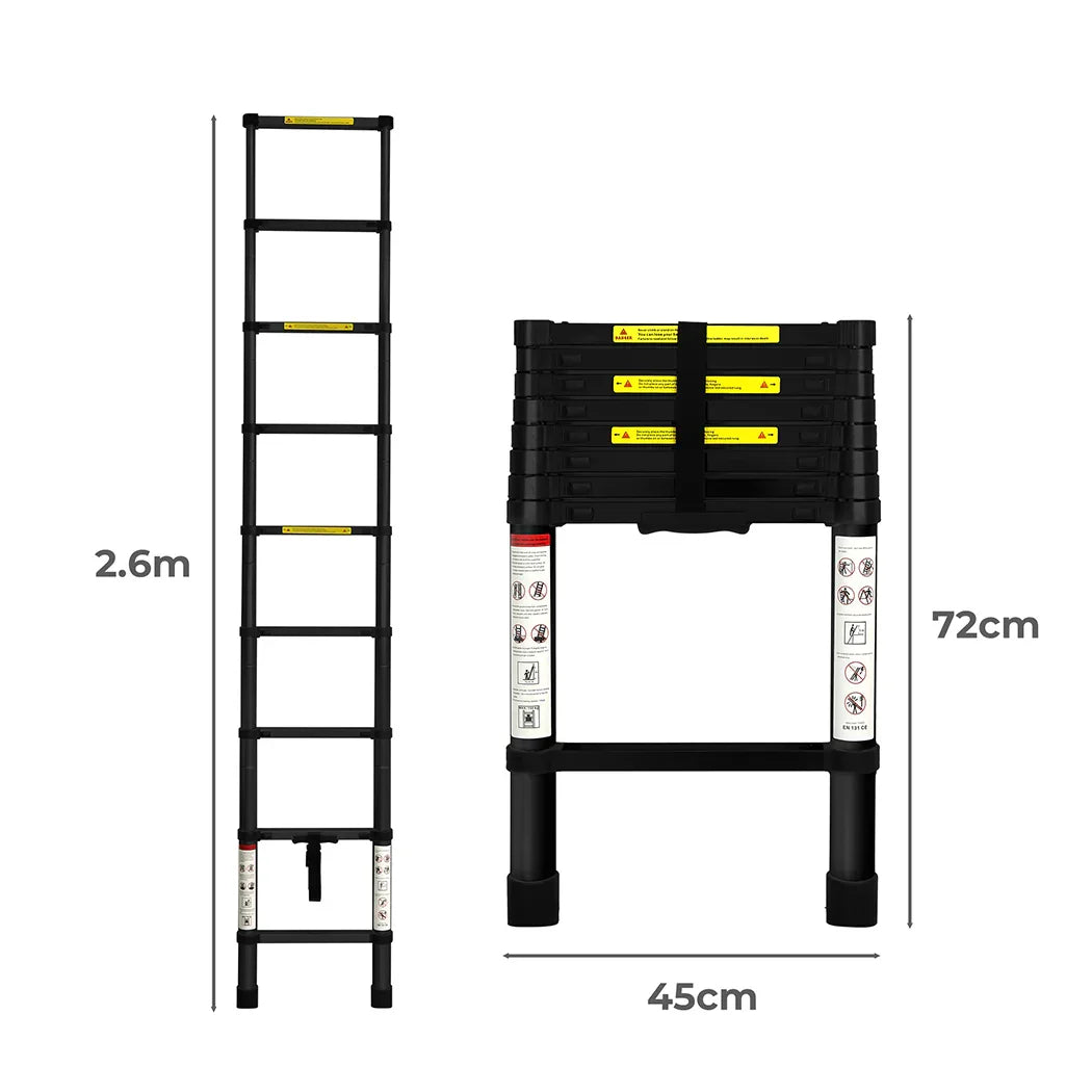 Traderight Multipurpose Aluminium Ladder Telescopic 2.6M Black 2.6 Meter-2006733178764660738