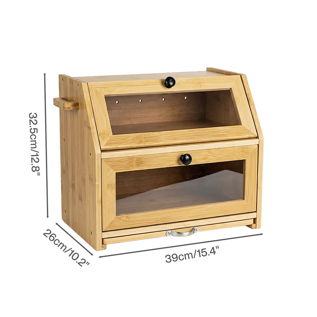 Toque Bread Box Bread Bin Double Layer Bamboo Bread Storage with Window Natural-2072893581403754498