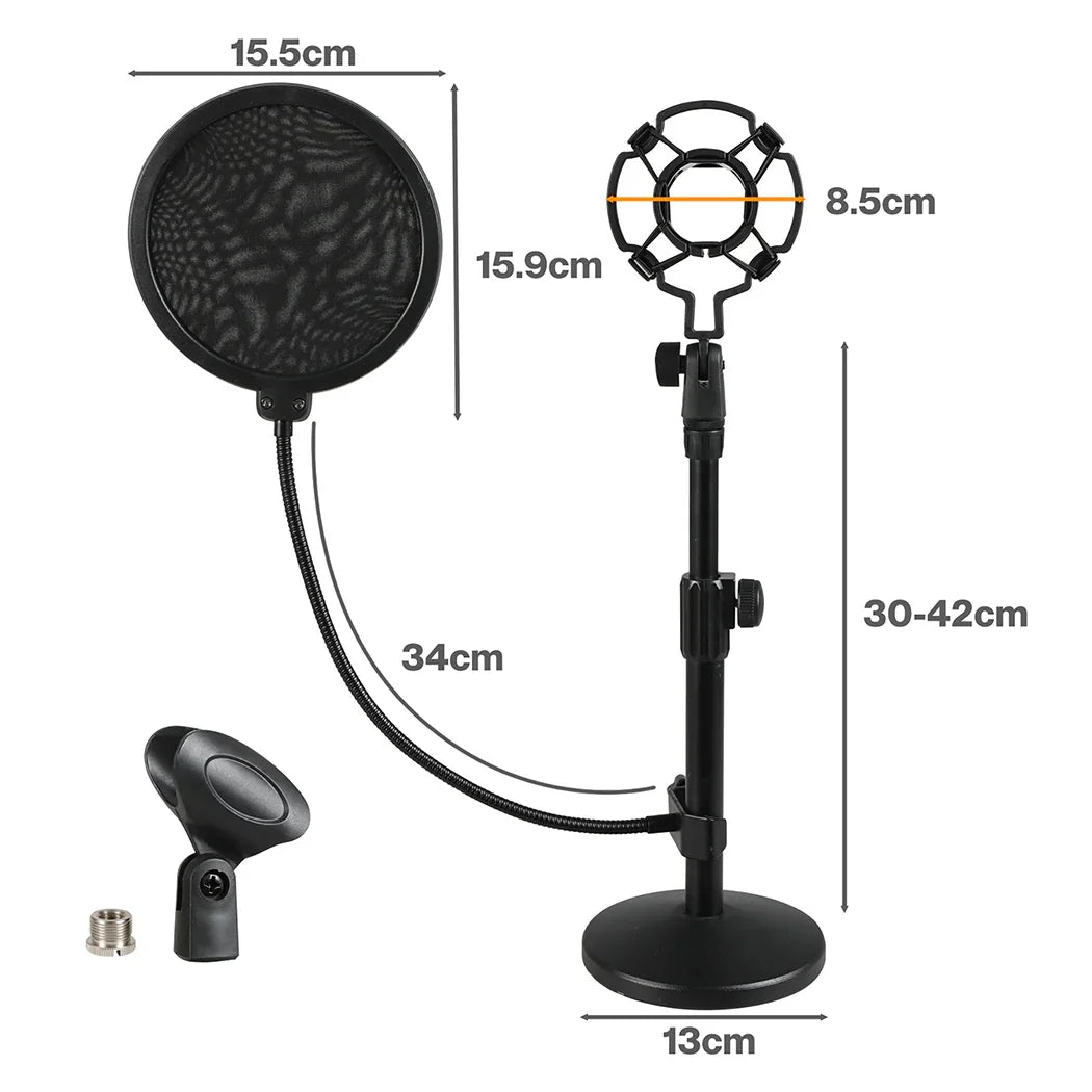 Levede Desktop Microphone Stand Adjustable Pop Filter Shock Mount Base Kit Black-2050056791613640706