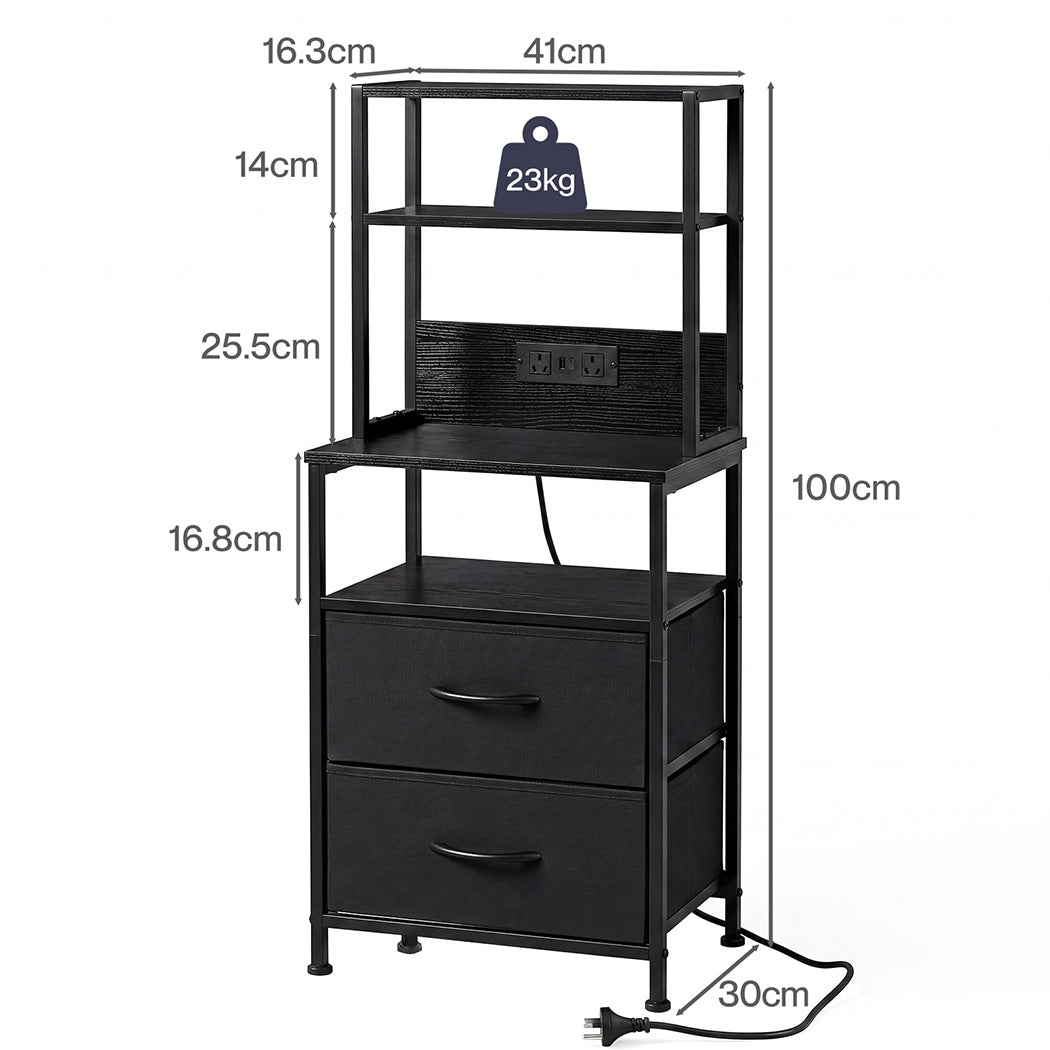 Levede Bedside Table with Charging Station LED Lights Black-2100034980859219970