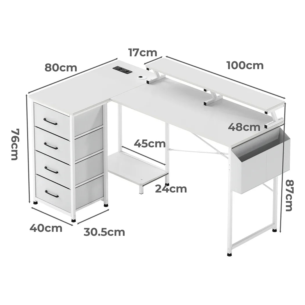 Levede L Shaped Gaming Desk with Storage Drawers White-2050056895770791938