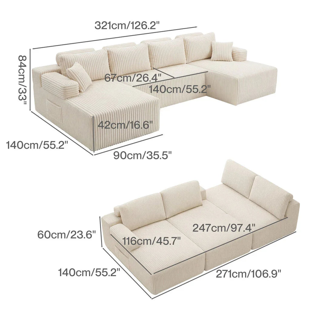 Levede Modular Sofa Lounge Set Corduroy U Shaped Sectional Cloud Couch Beige-2050056788379832322