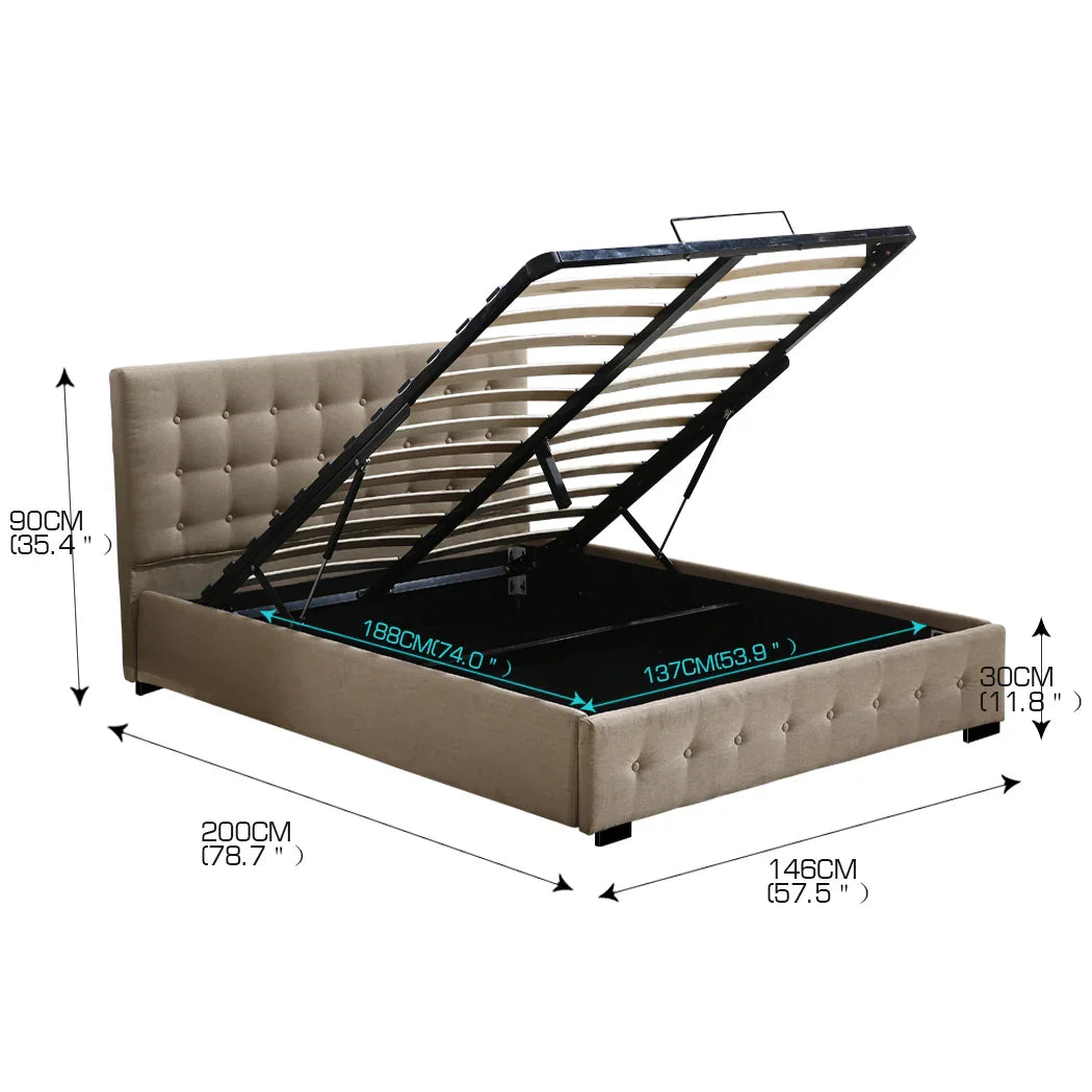 Levede Fabric Bed Frame Double Gas Lift Double Beige-2006733222205067266
