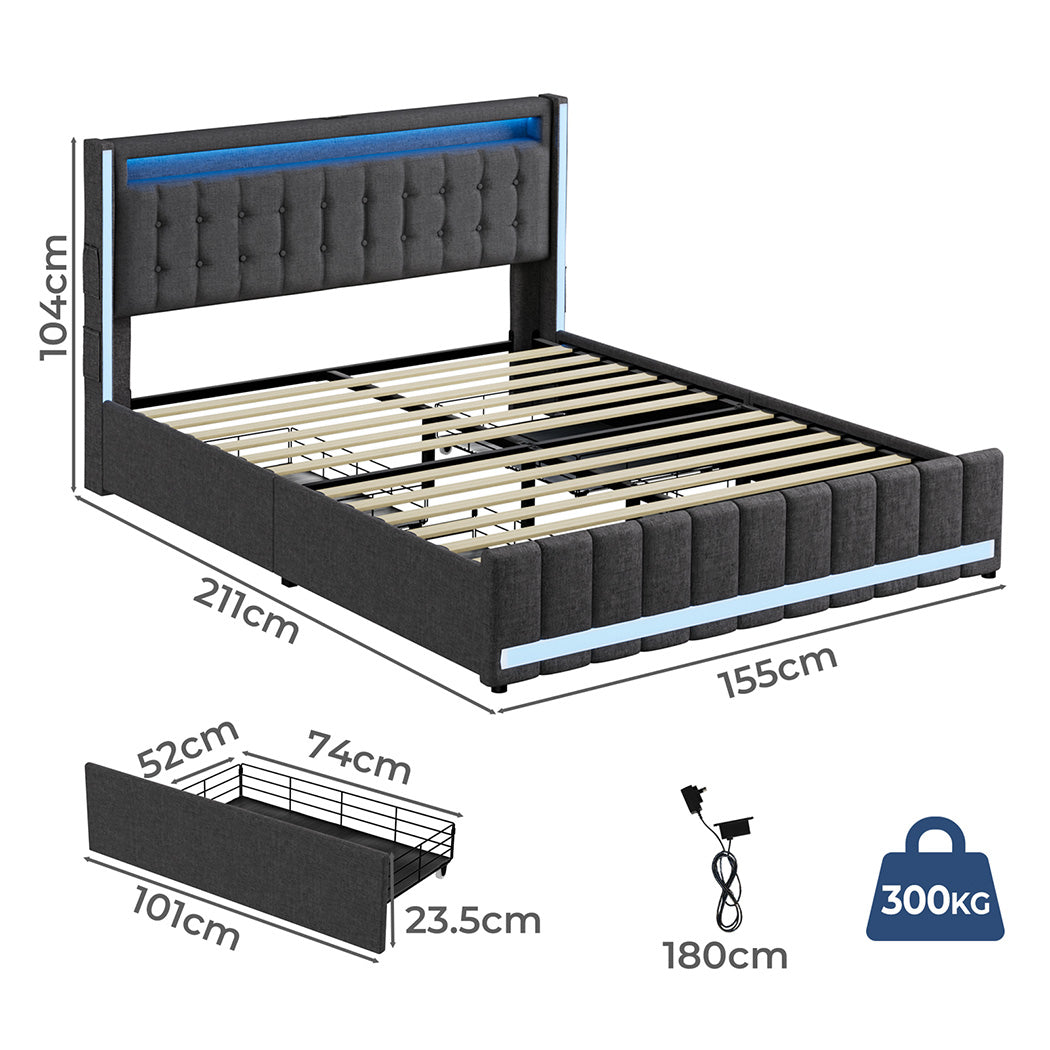 Queen Solid Bed Frame Headboard RGB LED Lights 4 Drawer USB Charge