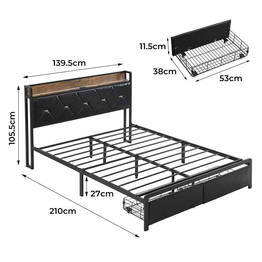 Levede Double Metal Bed Frame LED Lights 2 Drawers-1894516789812006914