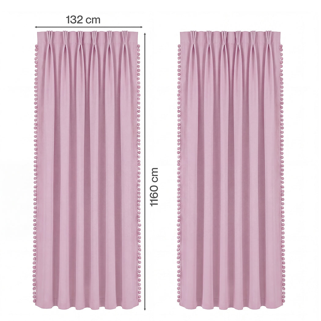 Marlow Blackout Curtains Pink 2 Panels Thermal Insulated Pom Pom 132cm x 160cm-2072893563976421378