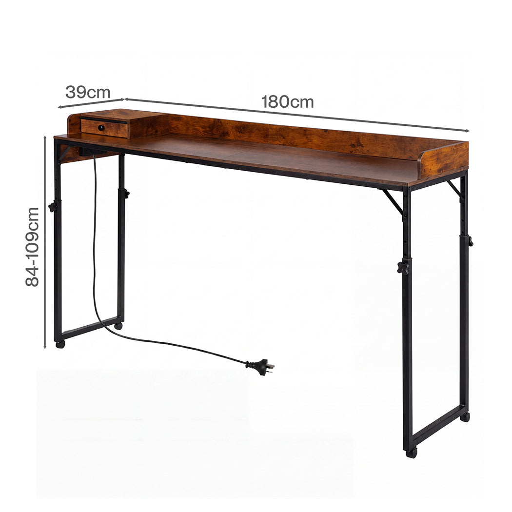 Levede Overbed Table 180cm 84-109cm Mobile with Charging Station Bedroom Brown-2109799597214470147