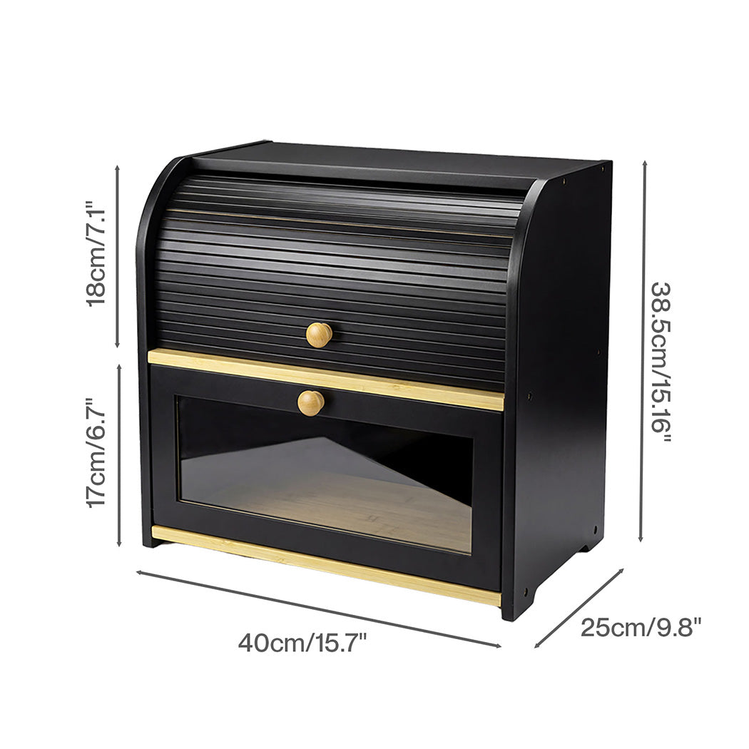 Toque Bread Bin Box 2 Tier Roll Top Bread Bin Kitchen Counter Storage Bamboo-2072893581600886786