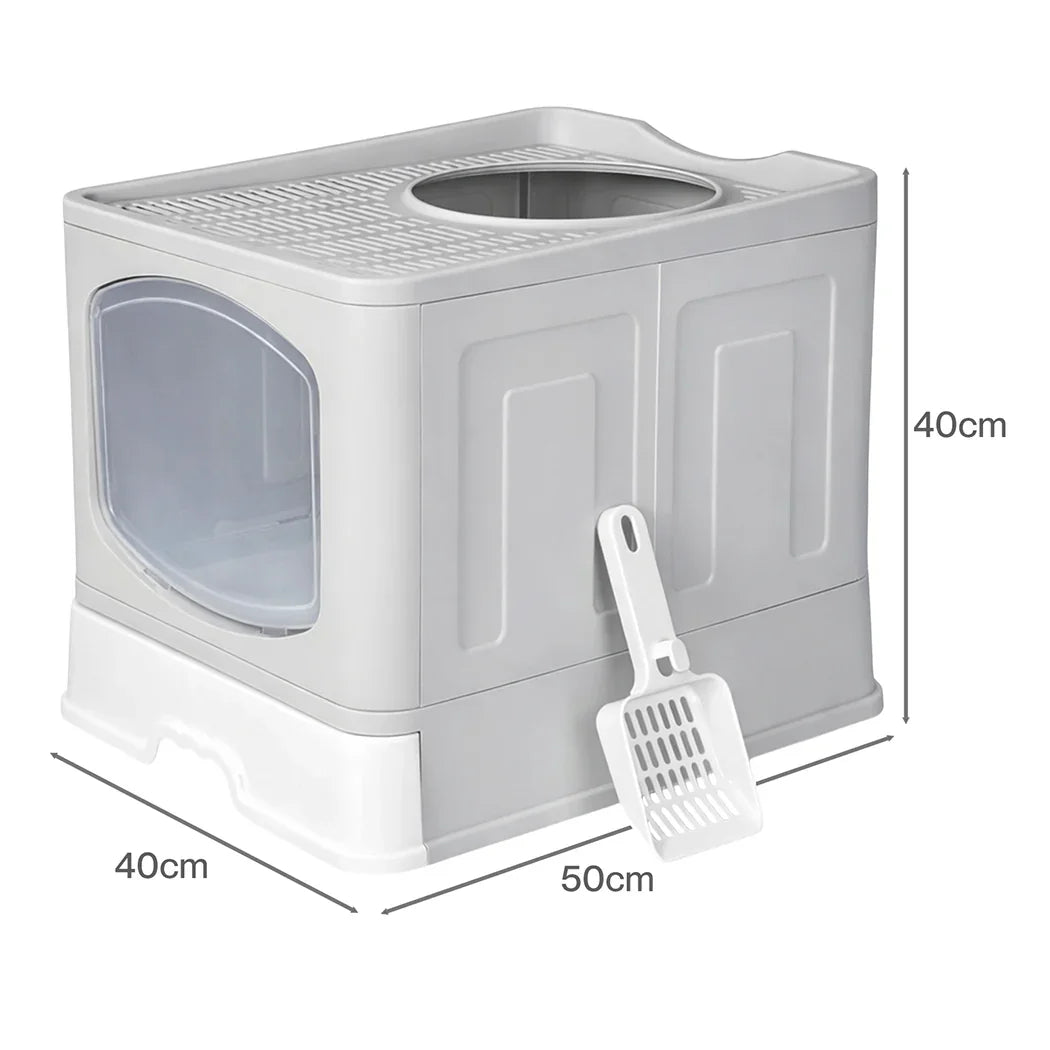 Pawz Large Cat Litter Box Foldable Top Entry Covered Litter Tray Scoop Grey-2050056785414459394