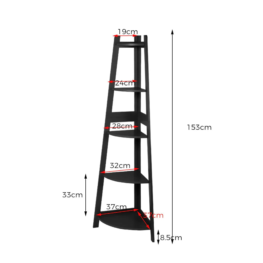 Levede 5 Tier Corner Shelf Wooden Storage Black-2006733234070753282