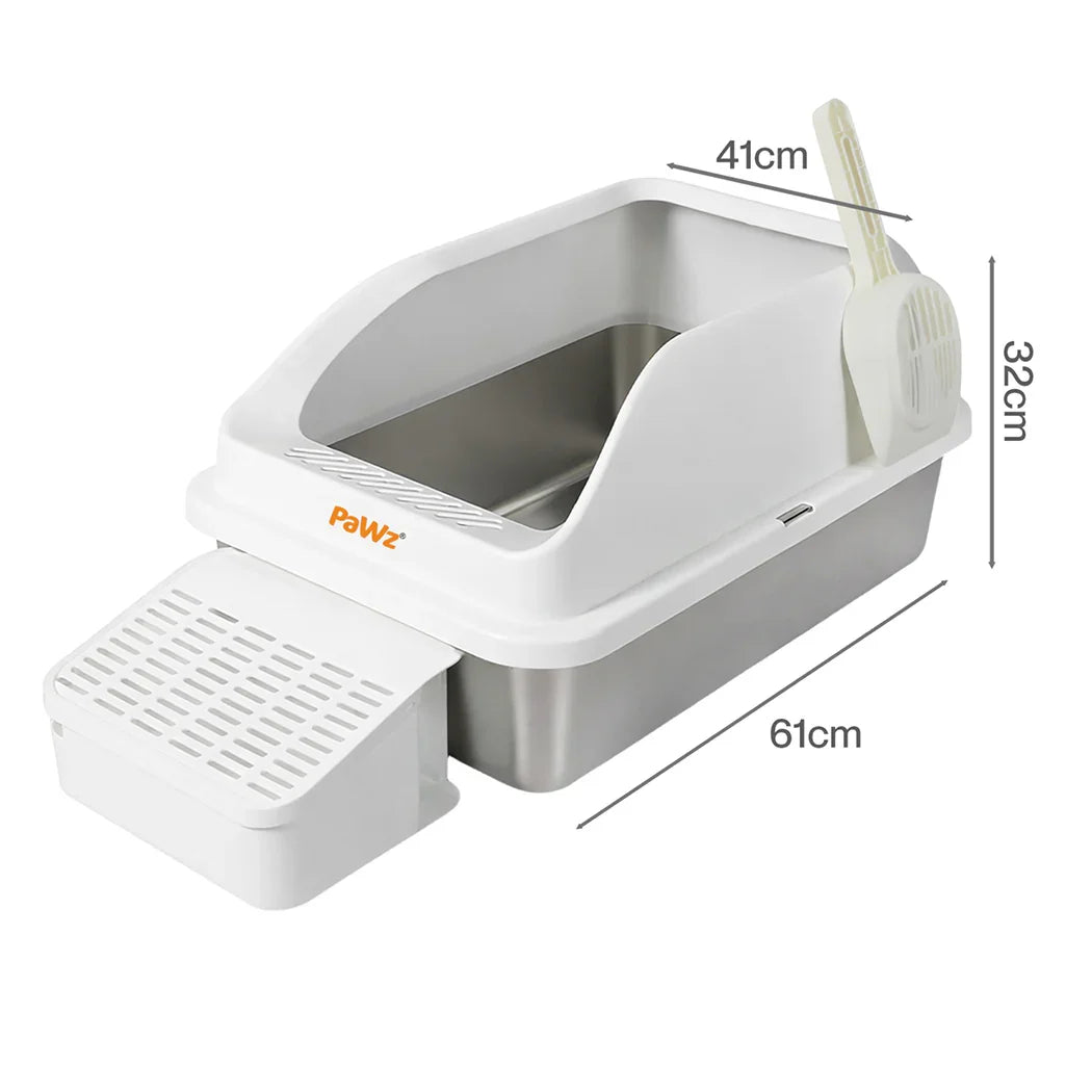 Pawz Stainless Steel Cat Litter Box Big Cats Kitten High Sided Easy Clean White-2050056766686892034