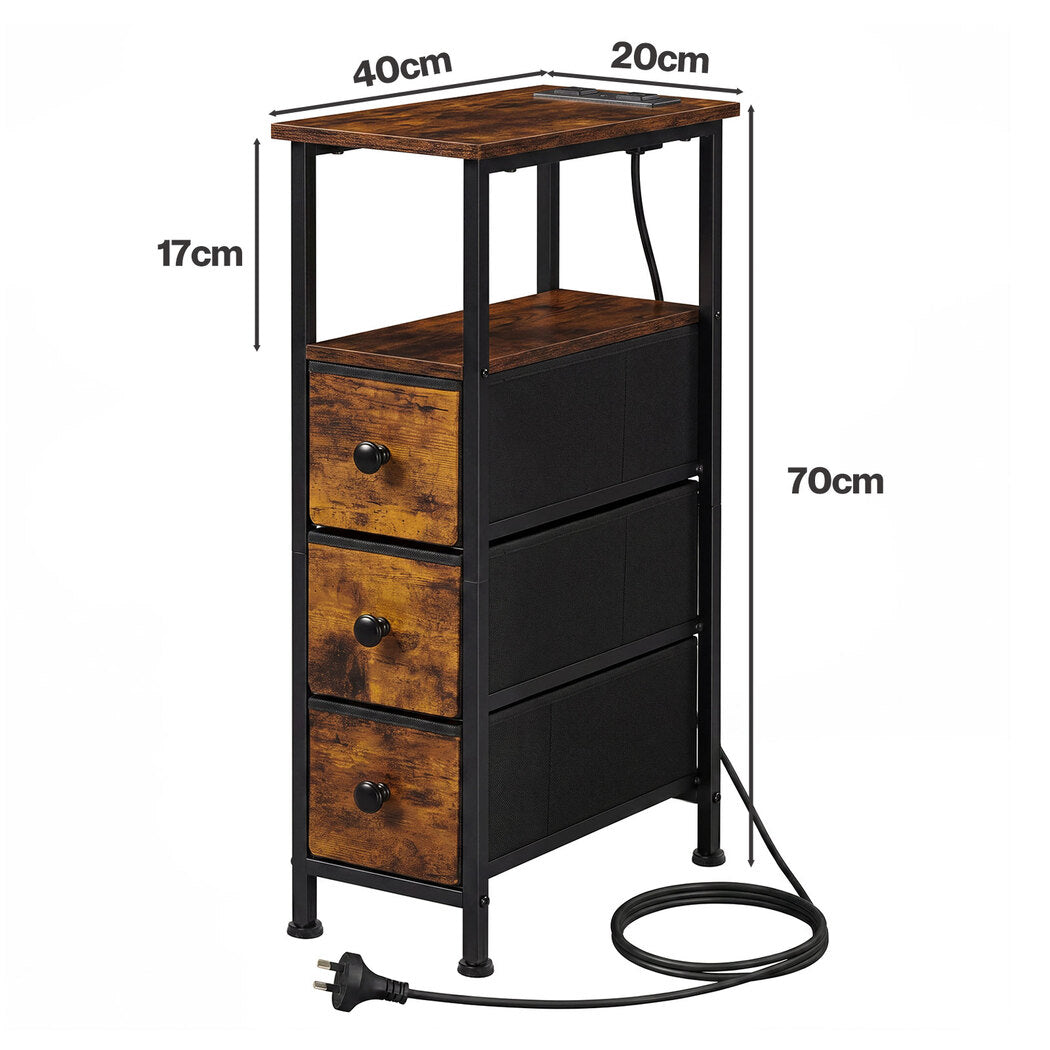 Levede Bedside Table with LED Charging Station 3 Drawers Metal Frame-2100034980485926914
