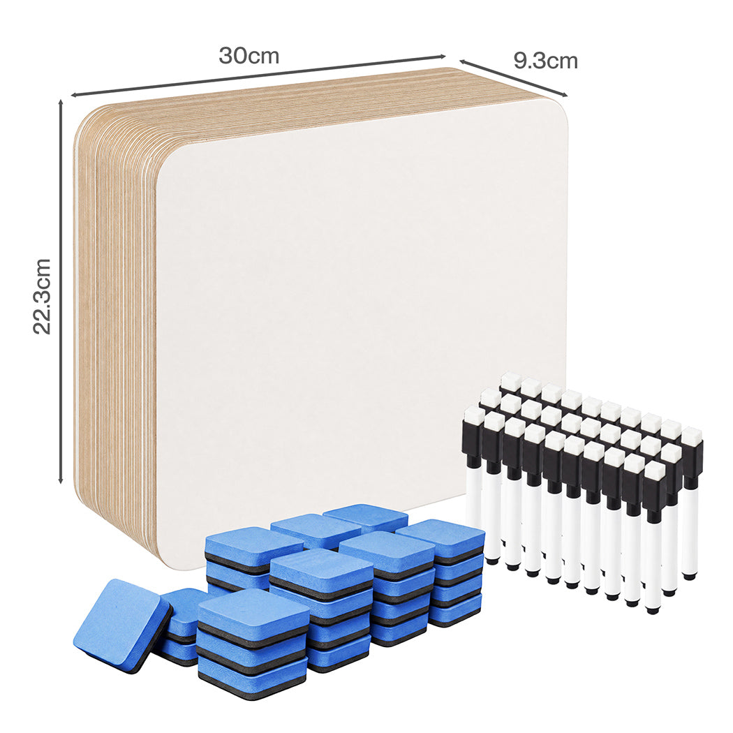 Levede Mini Whiteboard 30 Pack 2 Sided with Pens Erasers Classroom White-2100035036299530242