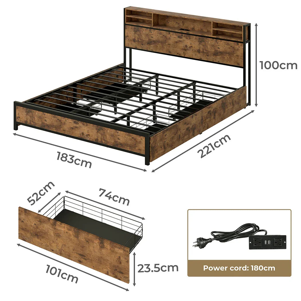 Levede King Bed Frame Industrial Storage LED Charing-2050056748445863938