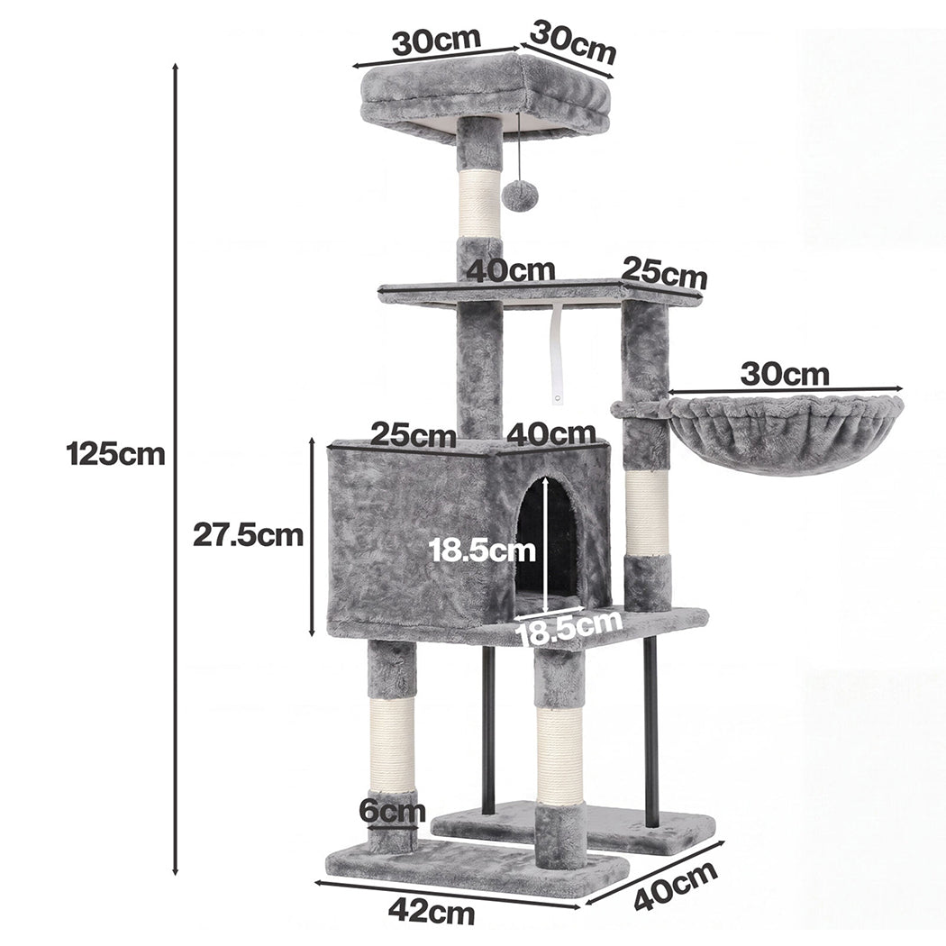 Pawz Cat Tree Cat Tower Multi-Level Cat Bed with Condo 125cm Plush Gray-2100034991957348354
