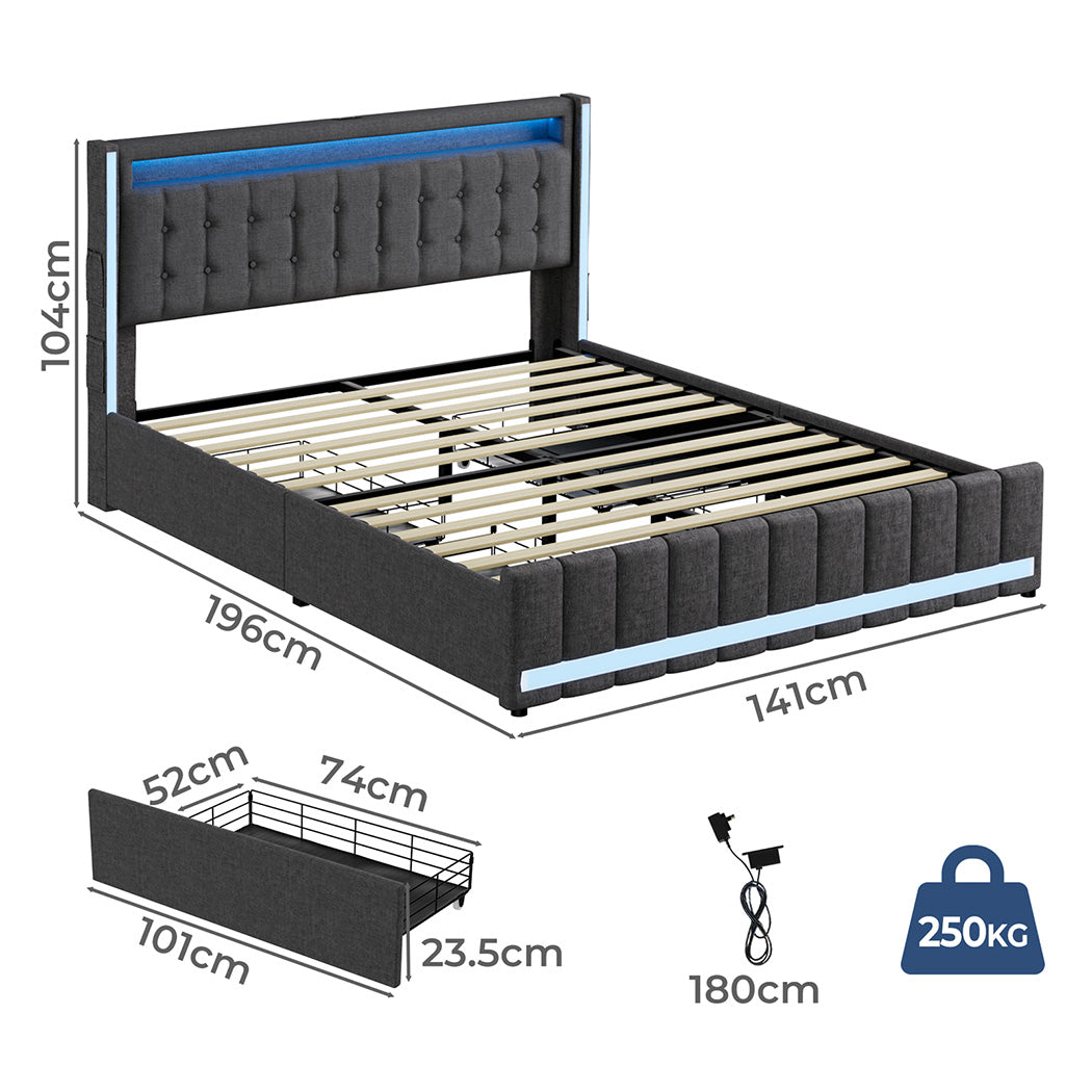 Double Solid Bed Frame Headboard RGB LED Lights 4 Drawer USB Charge