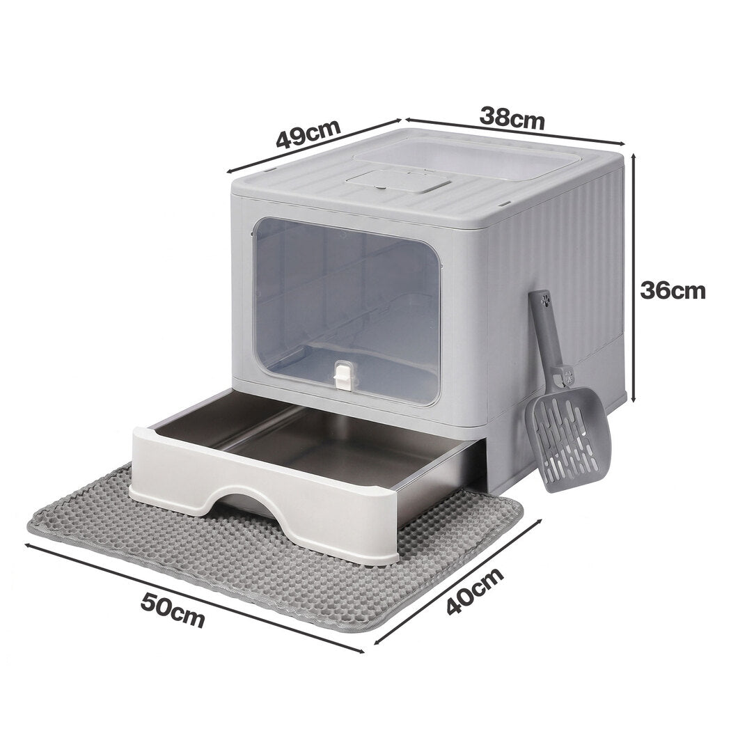 PaWz Cat Litter Box Stainless Steel Enclosed Drawer Odor Control Foldable Grey-2100034991202373634