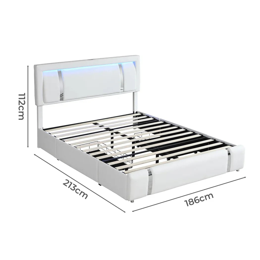 Levede King Bed Frame Leather Headboard RGB 2 Drawers-2050056740011118594