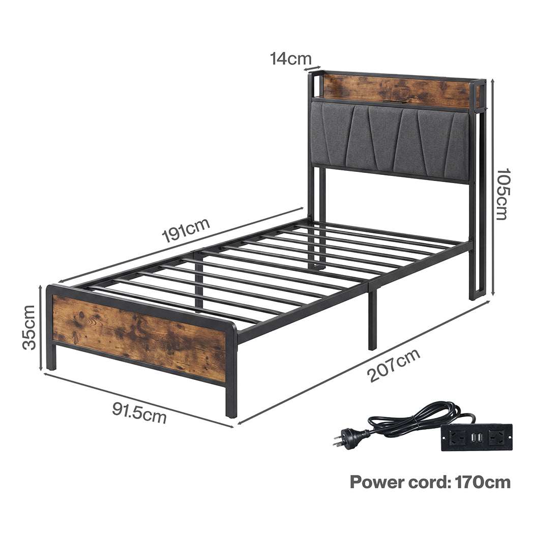 Levede Single Bed Frame Industrial Tufted Soft Storage Headboard USB Charge-2100034936651255810