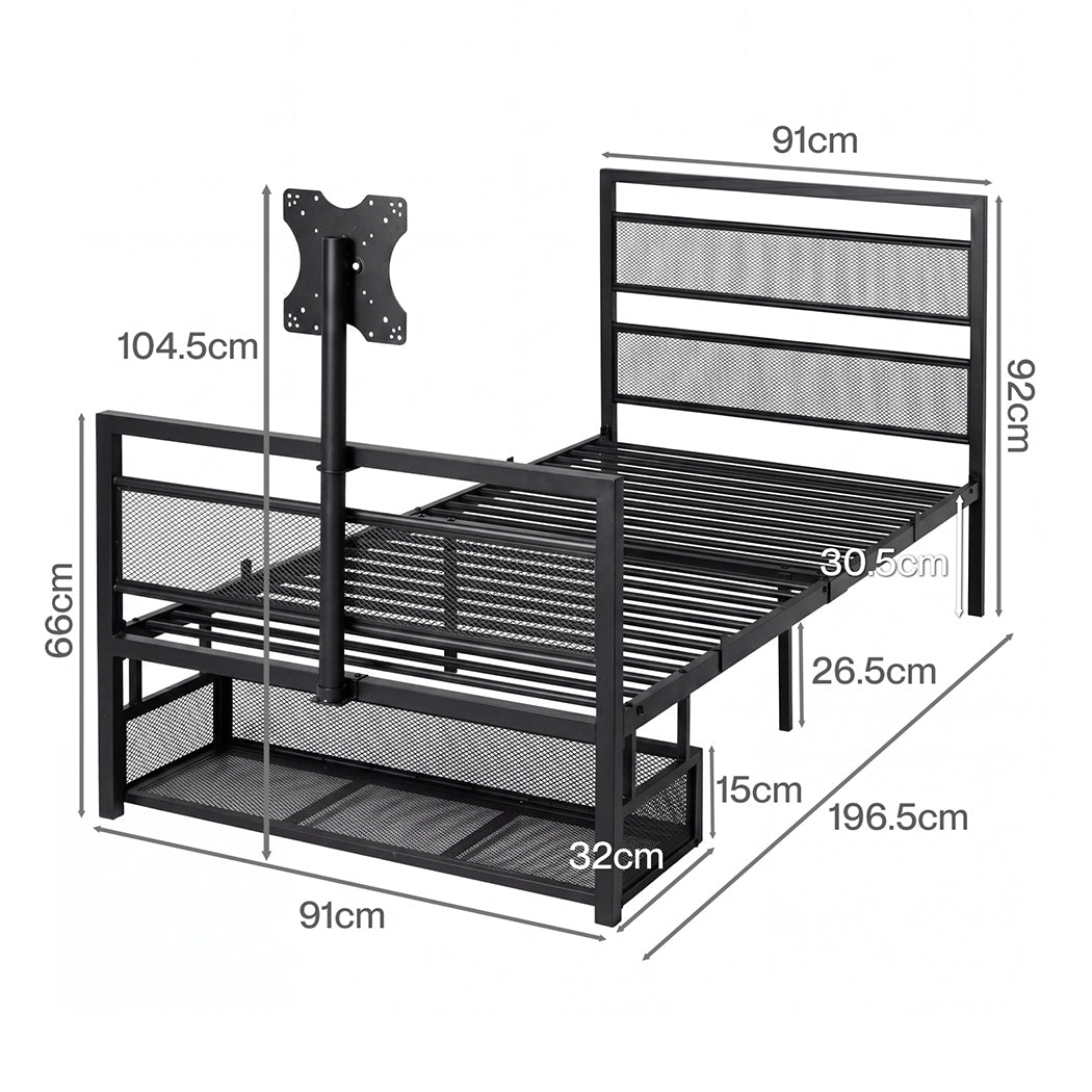 Levede Gaming Bed Frame Rotating TV Mount Storage Metal Single Bed 32in Bedroom-2072893552848932866