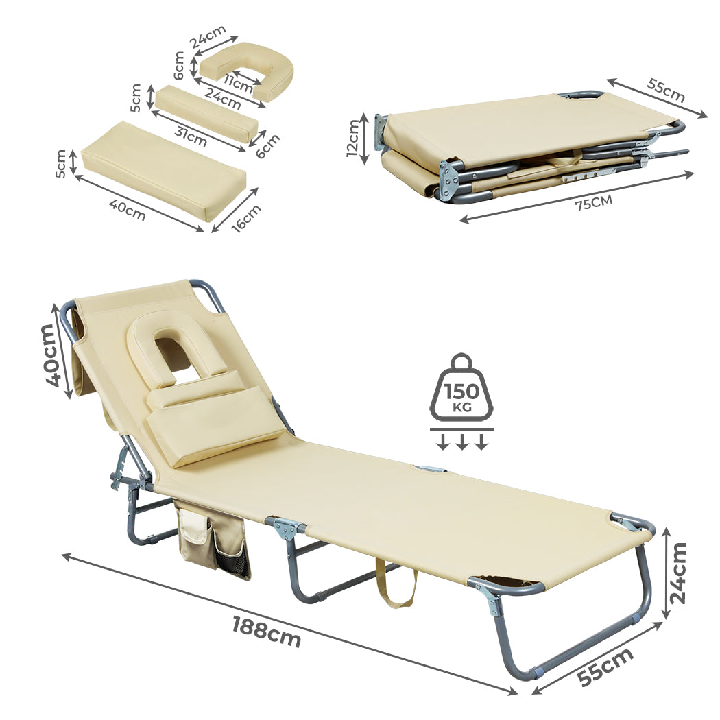 Levede Foldable Beach Lounge Chairs with Face Hole Khaki-1910112249029201922