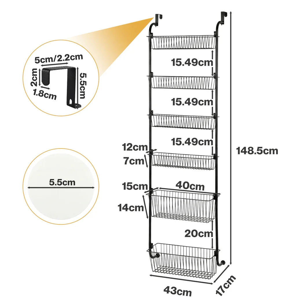 Toque Over the Door Pantry Organiser 6 Tiers Metal Hanging Storage Rack Black-2050059015542673410