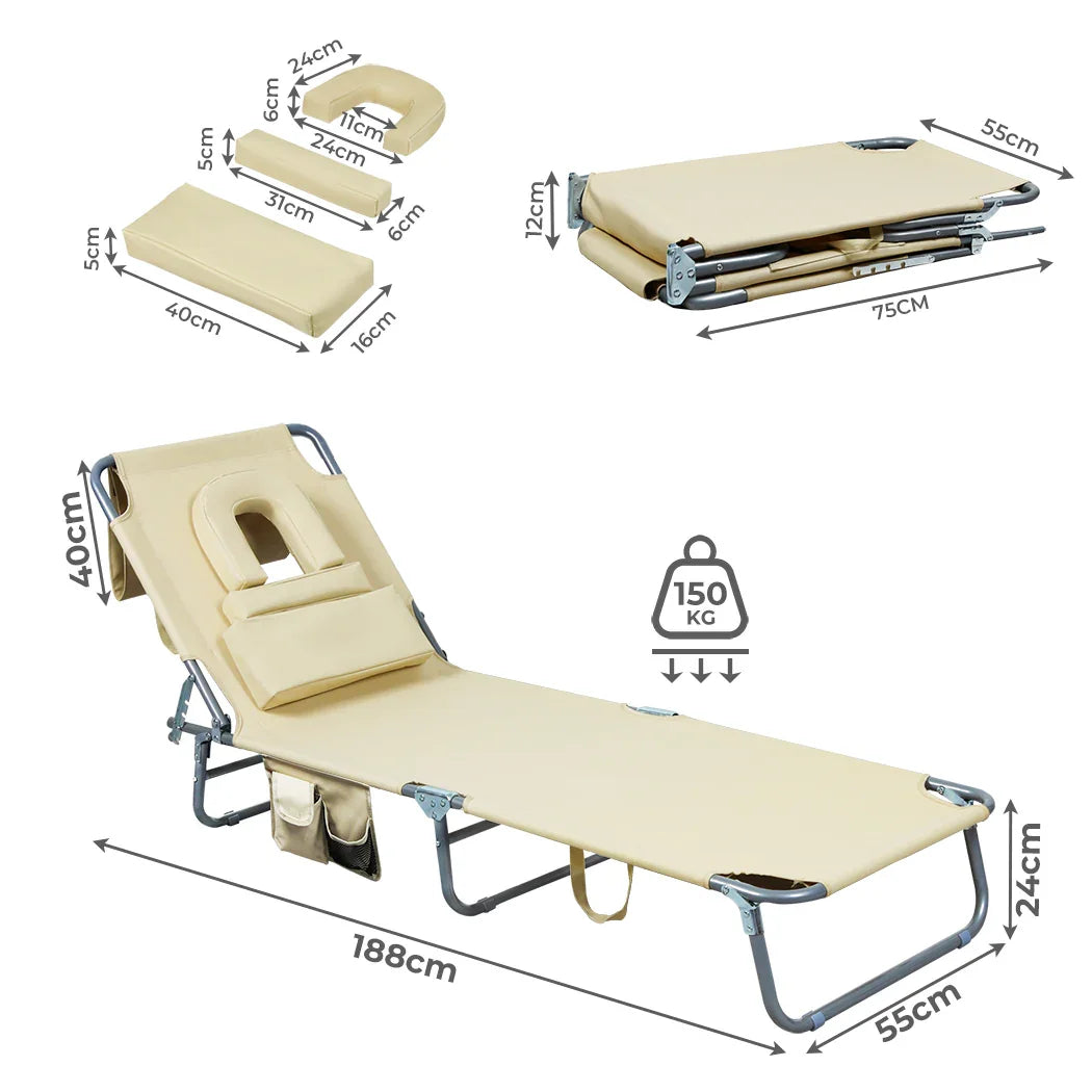 Levede Foldable Beach Lounge Chairs with Face Hole Khaki-2018816828662484994